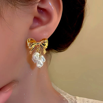 14K Gold-Plated Bow Pearl Tassel Earrings