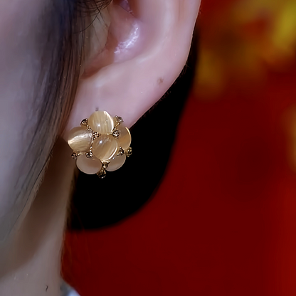 14K Gold-Plated Brown Cat's Eye Flower Earrings