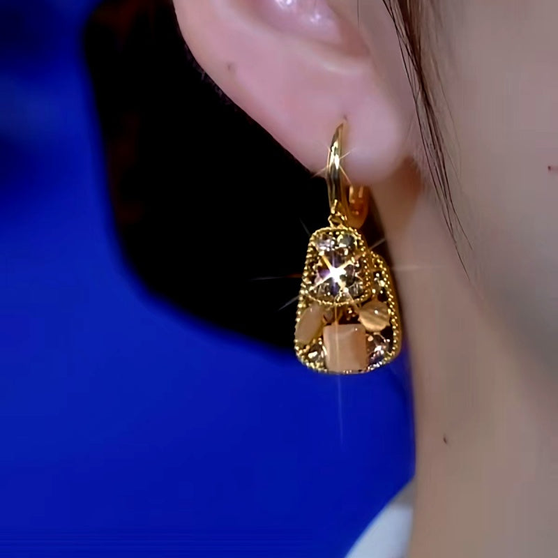 14K Gold-Plated Brown Cat's Eye Stone Cube Earrings