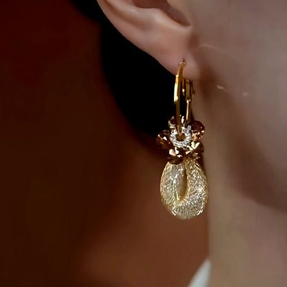 14K Gold-Plated Brown Crystal Flower Mesh Earrings