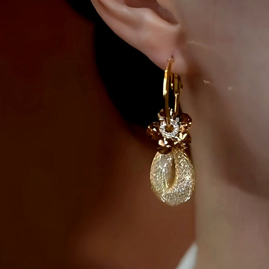 14K Gold-Plated Brown Crystal Flower Mesh Earrings