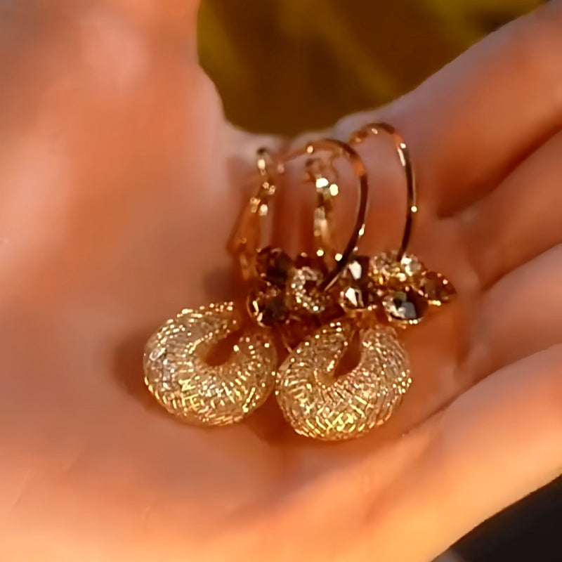 14K Gold-Plated Brown Crystal Flower Mesh Earrings