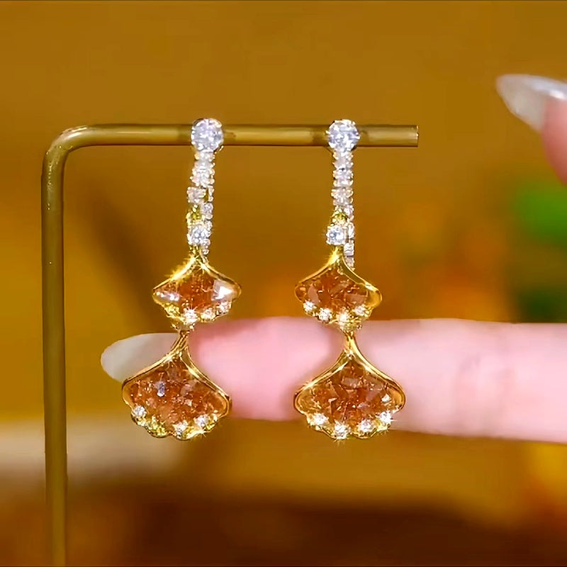 14K Gold-Plated Brown Crystal Ginkgo Leaf Earrings