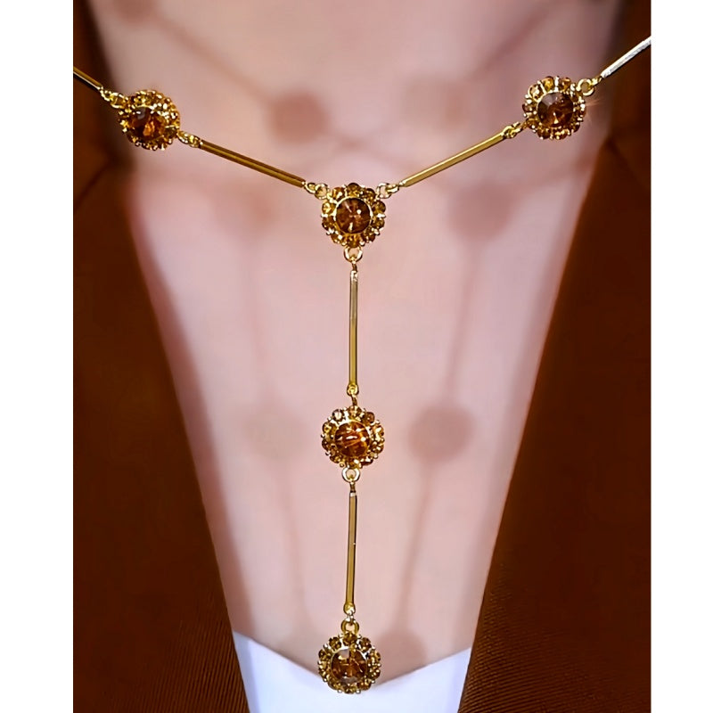 14K Gold-Plated Brown Crystal Tassel Necklace