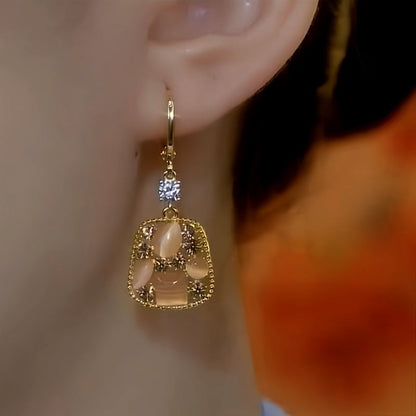 14K Gold-Plated Brown Diamond Cat's Eye Stone Earrings
