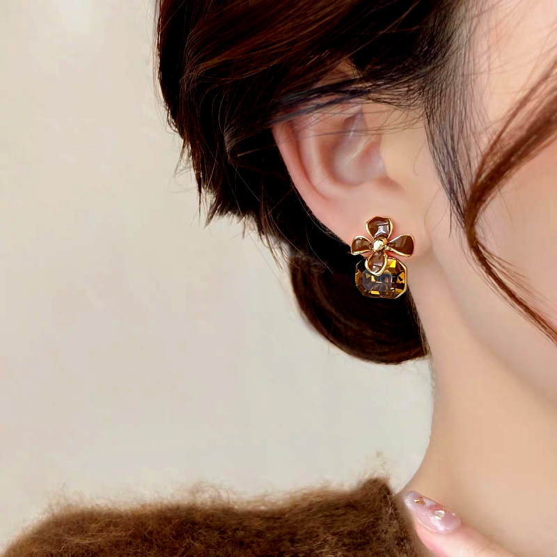 14K Gold-Plated Brown Diamond Flower Earrings