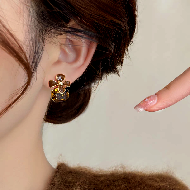 14K Gold-Plated Brown Diamond Flower Earrings