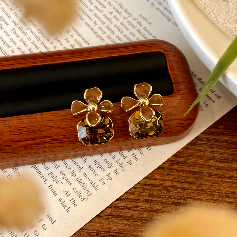 14K Gold-Plated Brown Diamond Flower Earrings