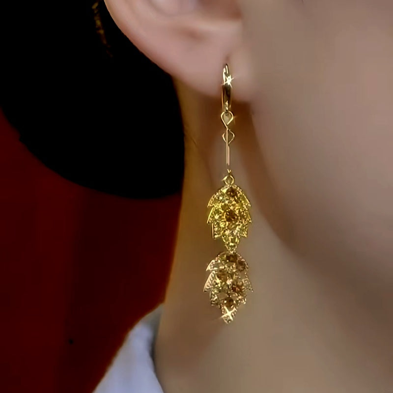 14K Gold-Plated Brown Diamond Leaf Tassel Earrings