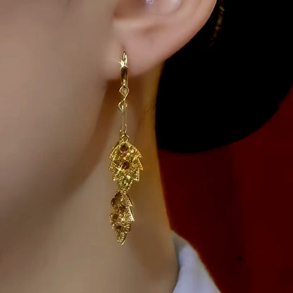 14K Gold-Plated Brown Diamond Leaf Tassel Earrings