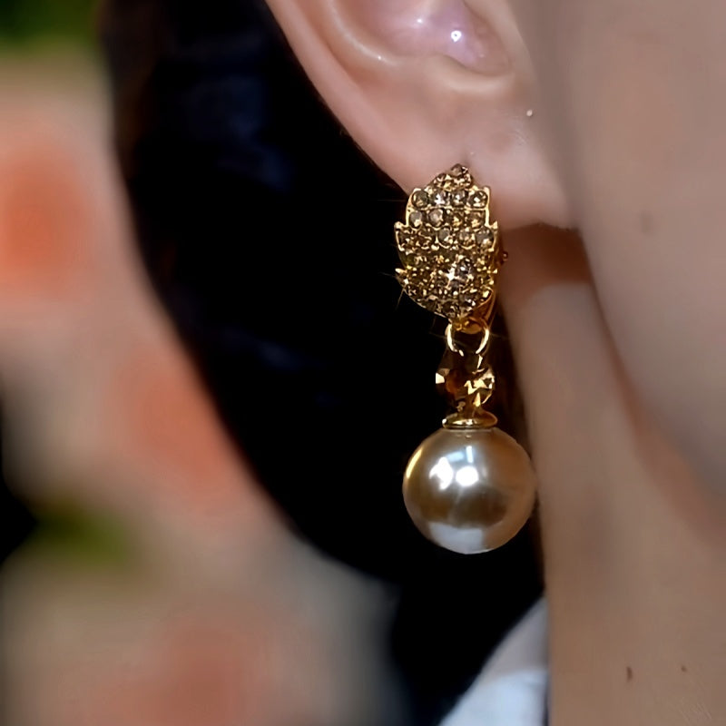 14K Gold-Plated Brown Diamond Pearl Leaf Earrings