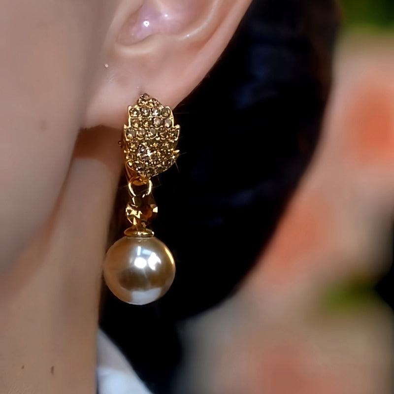 14K Gold-Plated Brown Diamond Pearl Leaf Earrings