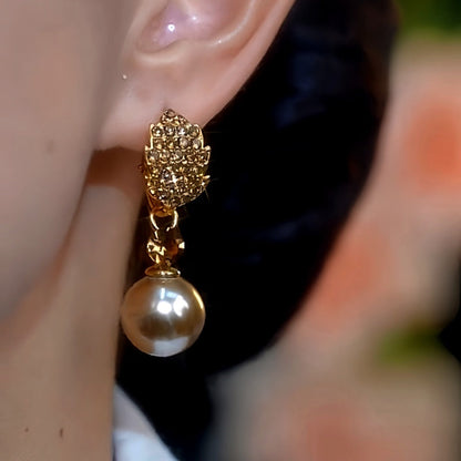14K Gold-Plated Brown Diamond Pearl Leaf Earrings