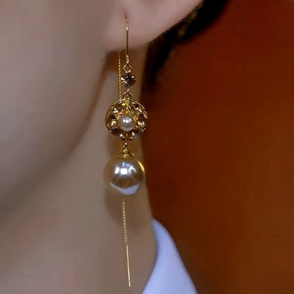 14K Gold-Plated Brown Diamond Pearl Tassel Threader Earrings