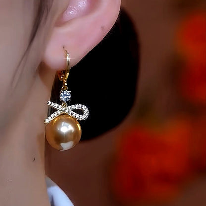 14K Gold-Plated Brown Pearl Diamond Bow Earrings
