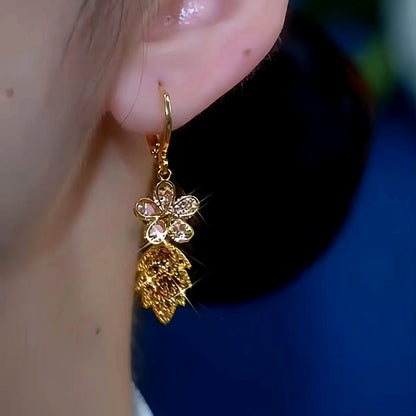 14K Gold-Plated Brown Zircon Flower Leaf Tassel Earrings