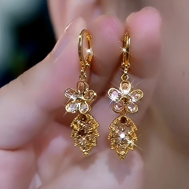 14K Gold-Plated Brown Zircon Flower Leaf Tassel Earrings