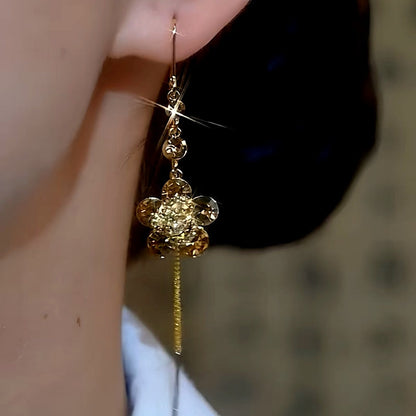 14K Gold-Plated Brown Zircon Flower Tassel Threader Earrings