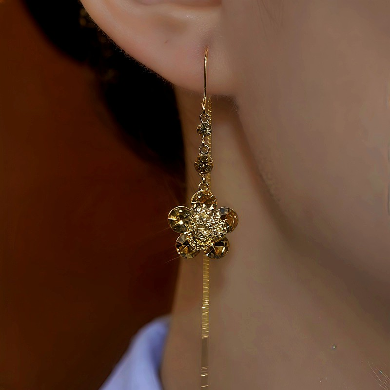 14K Gold-Plated Brown Zircon Flower Threader Earrings