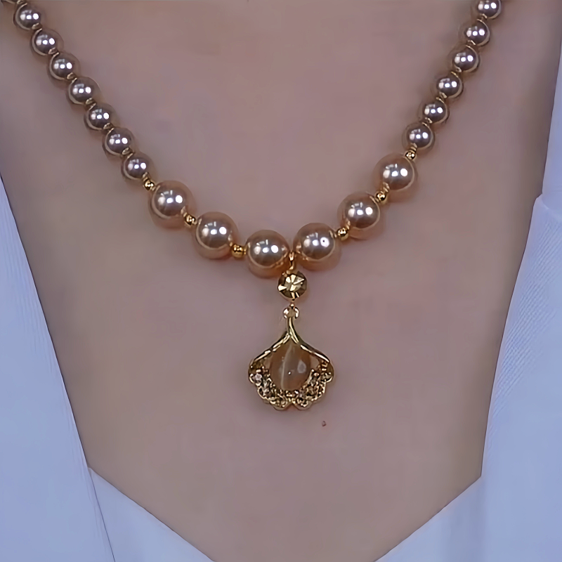 14K Gold-Plated Brown Zircon Ginkgo Diamond Leaf Pearl Necklace