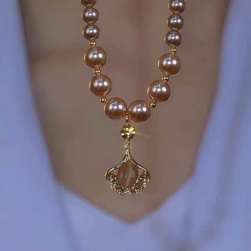 14K Gold-Plated Brown Zircon Ginkgo Diamond Leaf Pearl Necklace