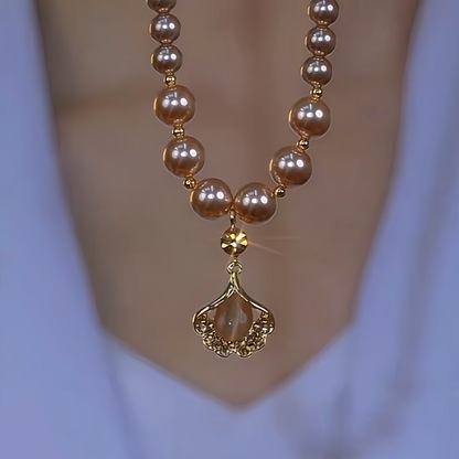 14K Gold-Plated Brown Zircon Ginkgo Diamond Leaf Pearl Necklace