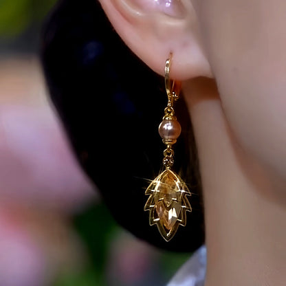 14K Gold-Plated Brown Zircon Jade Leaf Pearl Earrings