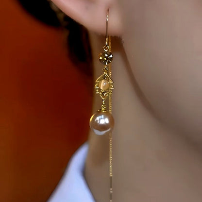 14K Gold-Plated Brown Zircon Leaf Pearl Threader Tassel Earrings