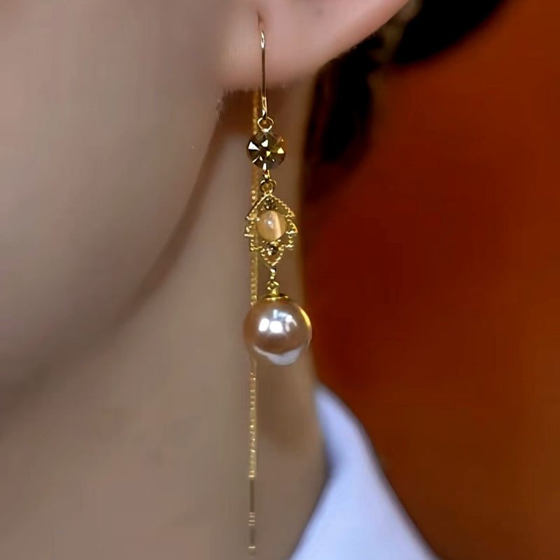 14K Gold-Plated Brown Zircon Leaf Pearl Threader Tassel Earrings