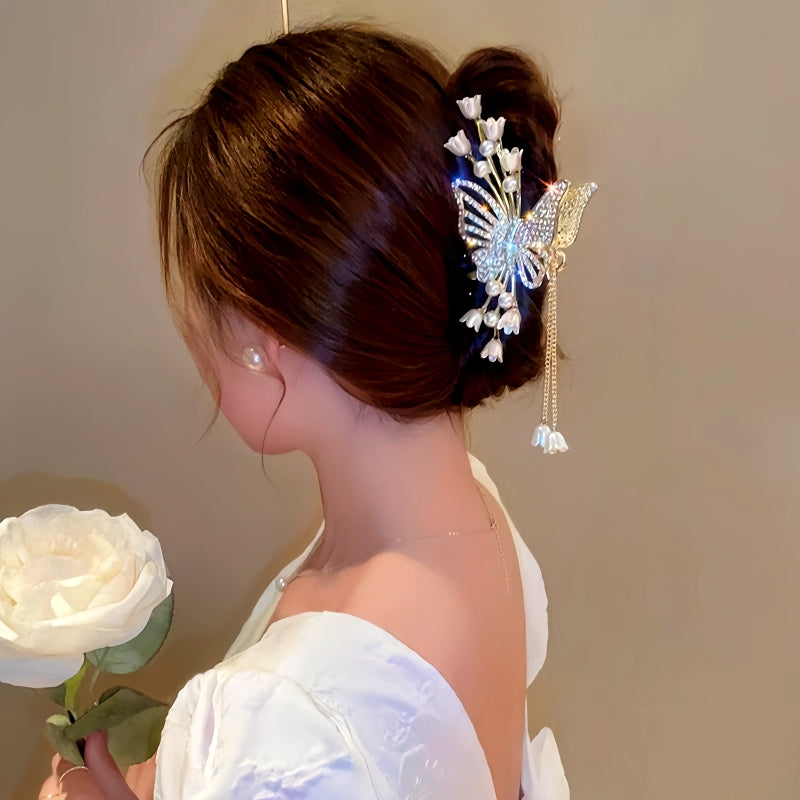 14K Gold-Plated Butterfly Flower Tassel Hair Clip