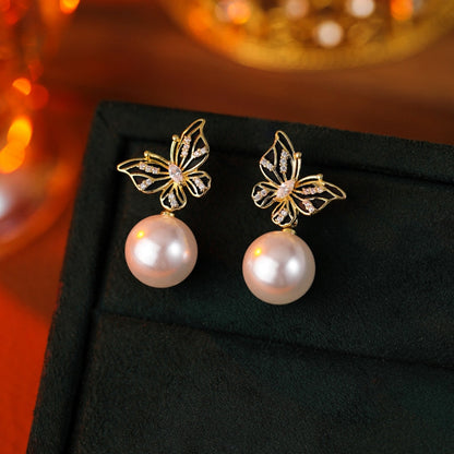 14K Gold-Plated Butterfly Pearl Earrings