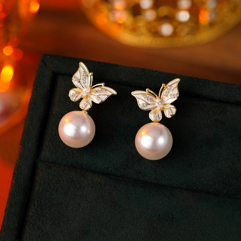 14K Gold-Plated Butterfly Pearl Earrings