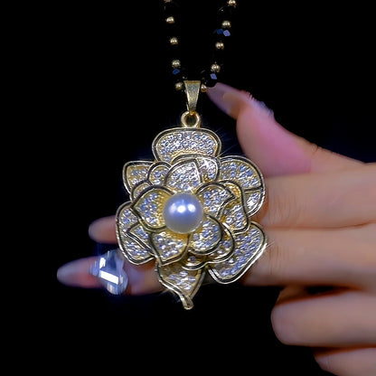 14K Gold-Plated Camellia Sweater Chain With Diamond Necklace