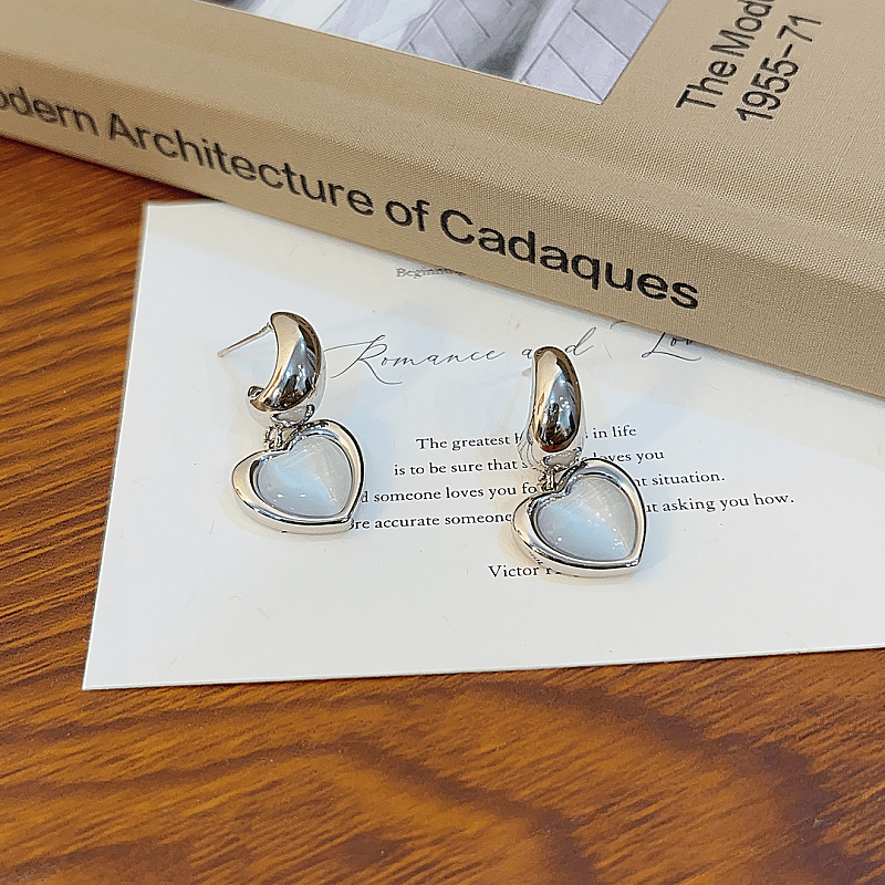 14K Gold-Plated Cat Stone Heart Earrings