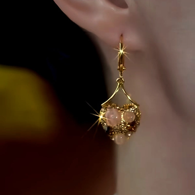 14K Gold-Plated Cat's Eye Brown Zircon Diamond Heart Earrings