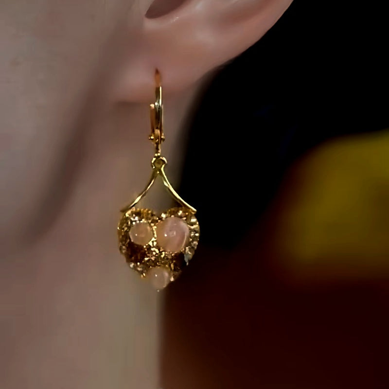 14K Gold-Plated Cat's Eye Brown Zircon Diamond Heart Earrings