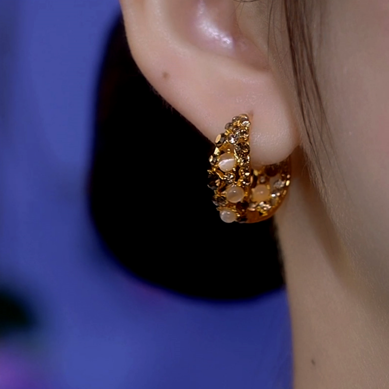 14K Gold-Plated Cat's Eye Brown Zircon Hoop Earrings