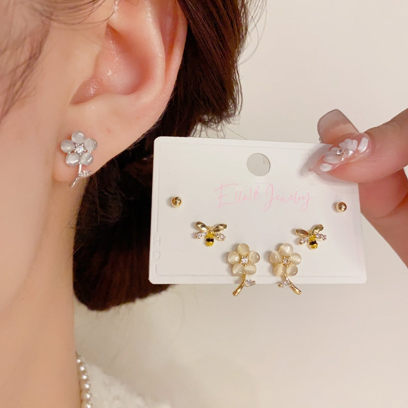 14K Gold-Plated Cat's Eye Flower Bee Three-Piece Stud Earrings