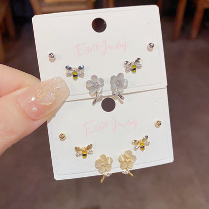 14K Gold-Plated Cat's Eye Flower Bee Three-Piece Stud Earrings