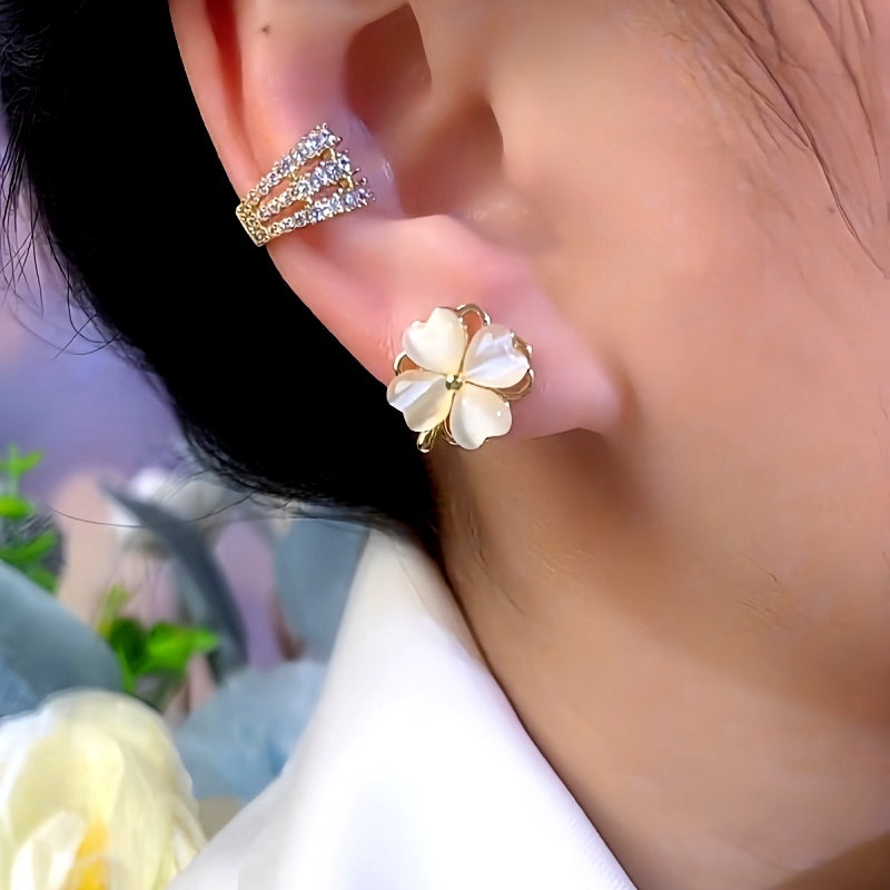 14K Gold-Plated Cat's Eye Four-Leaf Flower Rotatable Stud Earrings