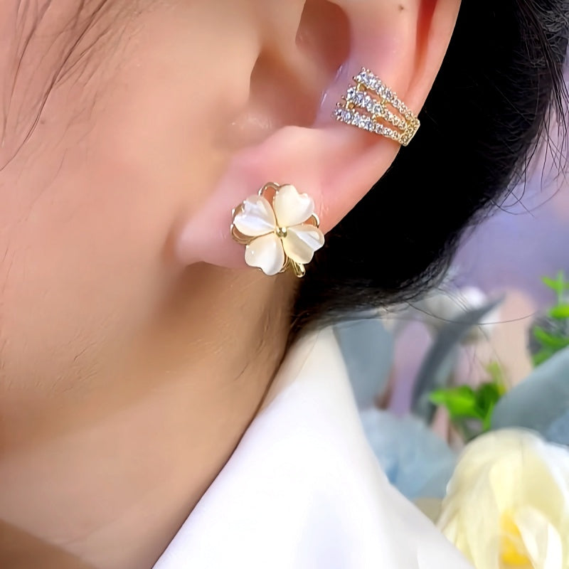 14K Gold-Plated Cat's Eye Four-Leaf Flower Rotatable Stud Earrings