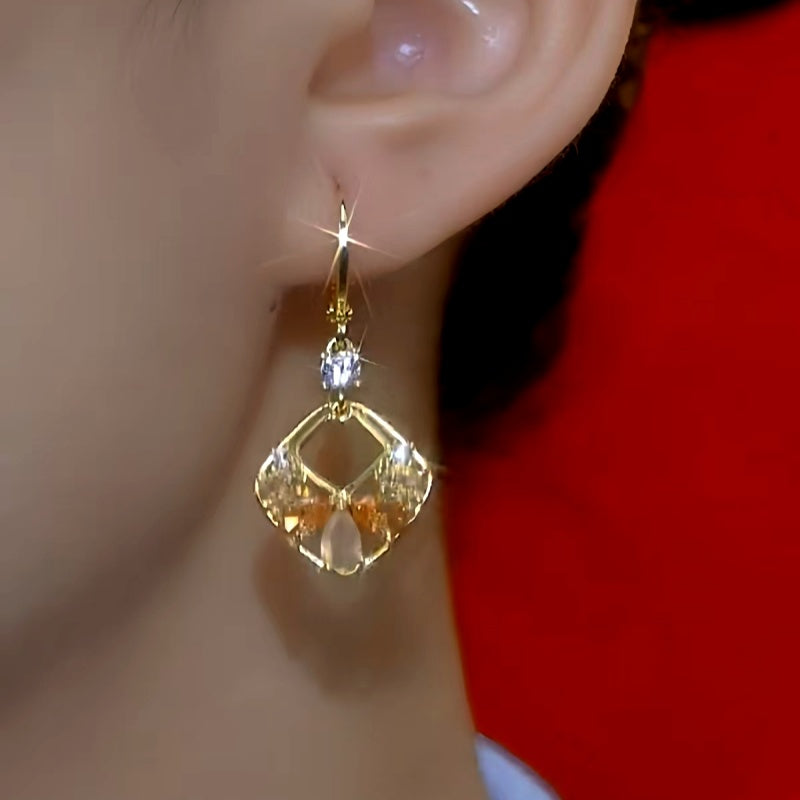 14K Gold-Plated Cat's Eye Geometric Square Hollow Earrings