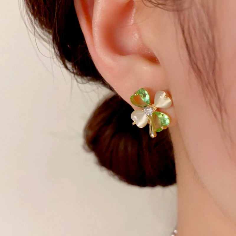 14K Gold-Plated Cat's Eye Green Four-Leaf Flower Earrings
