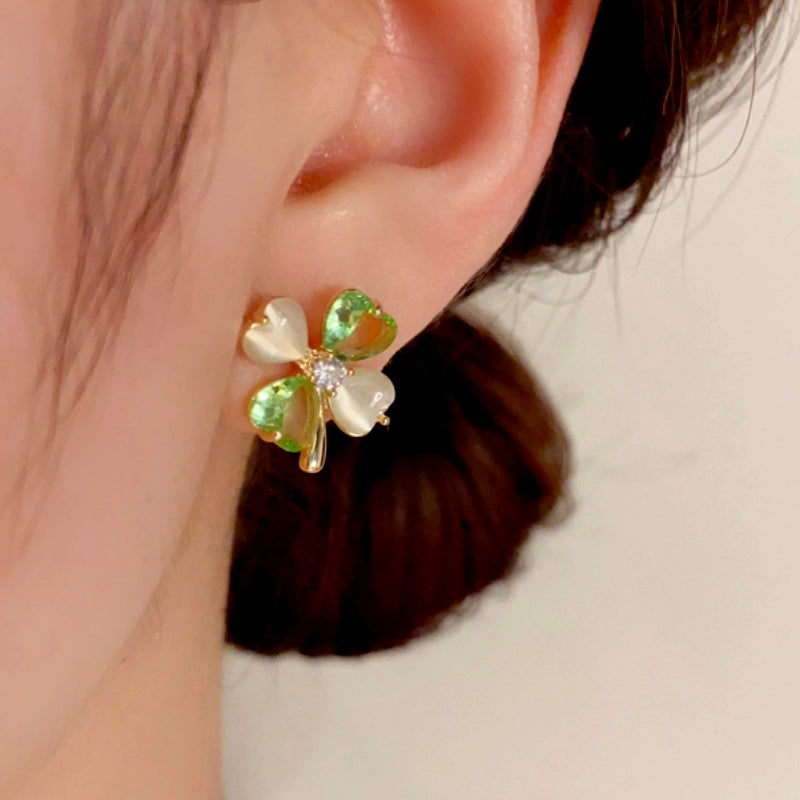 14K Gold-Plated Cat's Eye Green Four-Leaf Flower Earrings