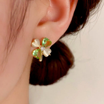 14K Gold-Plated Cat's Eye Green Four-Leaf Flower Earrings