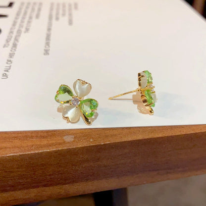 14K Gold-Plated Cat's Eye Green Four-Leaf Flower Earrings