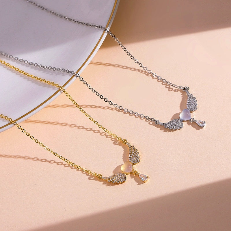 14K Gold-Plated Cat's Eye Heart Angel Wing Necklace