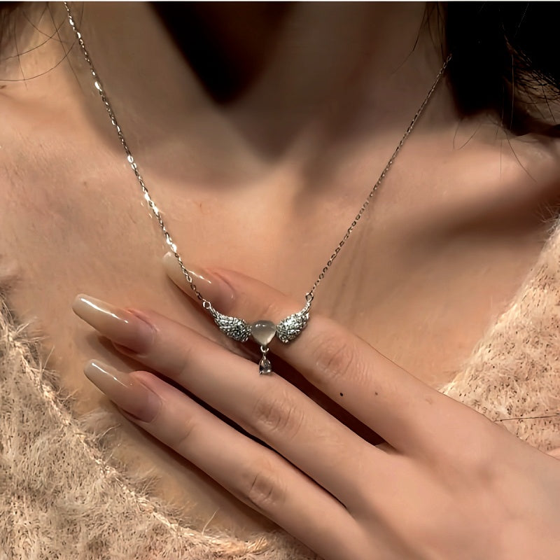 14K Gold-Plated Cat's Eye Heart Angel Wing Necklace