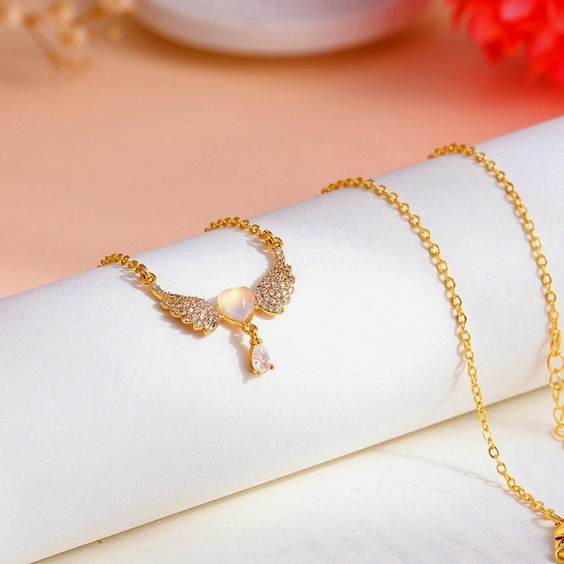 14K Gold-Plated Cat's Eye Heart Angel Wing Necklace