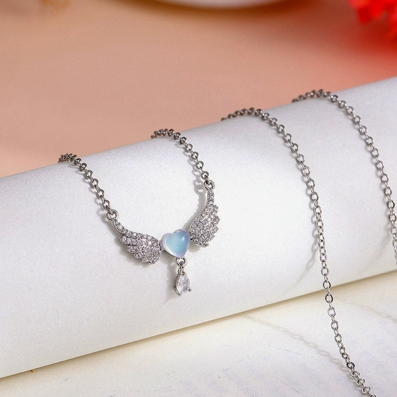 14K Gold-Plated Cat's Eye Heart Angel Wing Necklace